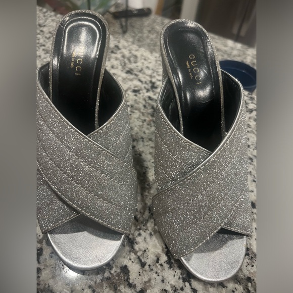 Gucci Silver Glitter Heels, Wedge. Mule - Picture 2 of 4
